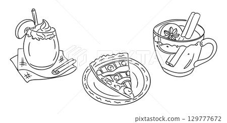 Hand drawn vector illustration of cozy autumn food set with slice of pie, hot drink with cinnamon and whipped cream dessert 129777672