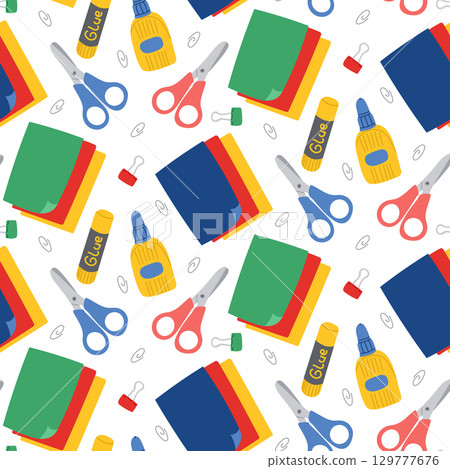 Hand drawn vector seamless pattern with scissors, glue, paper sheets and clips in colorful design Hand drawn vector seamless pattern with scissors, glue, paper sheets and clips in colorful design 129777676