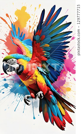 Colorful macaw soars in a digital art explosion of color.  129777715