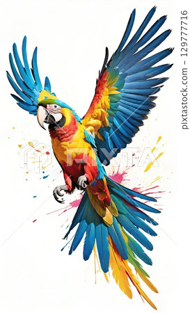 Colorful macaw soars in a digital art explosion of color.  129777716