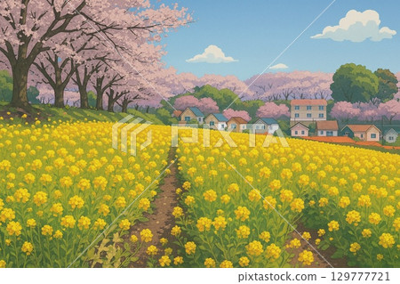 櫻花與油菜花盛開的春日田園風光 129777721