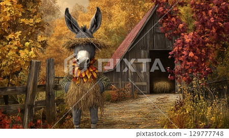 A donkey dressed as a scarecrow, standing in front of a spooky barn with fall foliage . 129777748