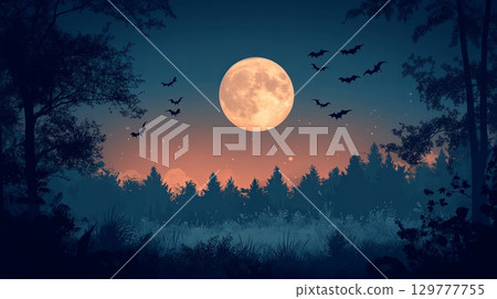 A full moon rising over a dark forest with bats flying . 129777755