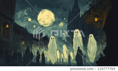 A ghostly parade of wandering spirits floating through an ancient city . 129777764