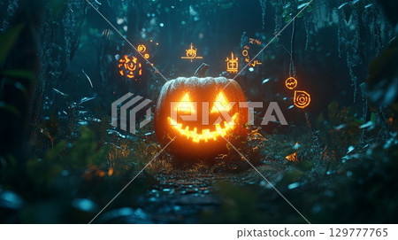 A glowing jack-o-lantern surrounded by mysterious symbols in a dark forest . 129777765