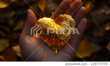 A golden autumn leaf in the shape of a heart, held in the palm of a hand, with autumn leaves scattered beneath . 129777770