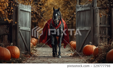 A horse dressed as Dracula, walking past a rustic wooden gate with pumpkins on either side . 129777798