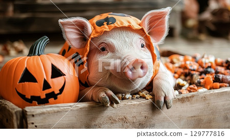 A pig in a pumpkin costume, resting near a wooden crate filled with Halloween treats . A pig in a pumpkin costume, resting near a wooden crate filled with Halloween treats . 129777816