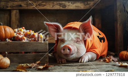 A pig in a pumpkin costume, resting near a wooden crate filled with Halloween treats . 129777818