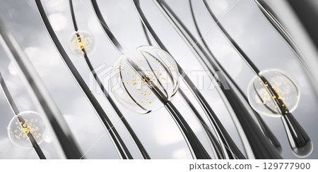 3d hair follicles and clear gel serum drops with gold oil bubbles. Liquid circle droplets of shampoo, honey mask, keratin, biotin vitamin. Cosmetic care background, beauty product ad. 3D illustration 3d hair follicles and clear gel serum drops with gold oil bubbles. Liquid circle droplets of shampoo, honey mask, keratin, biotin vitamin. Cosmetic care background, beauty product ad. 3D illustration 129777900