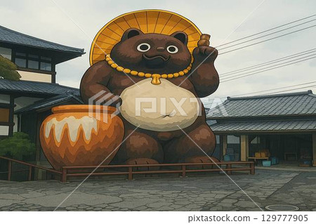 Giant Shigaraki Tanuki Statue and Japanese-style architecture 129777905