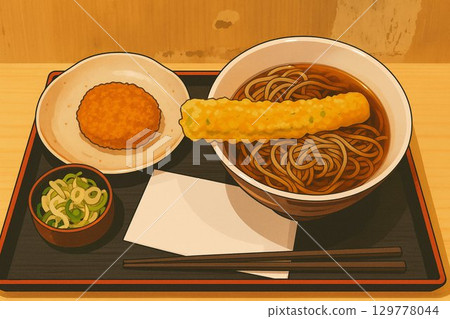 千輪天婦羅蕎麥麵和炸肉餅套餐插畫 129778044