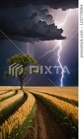 Stormy Wheat Field. A dramatic lightning storm over a lone tree in a golden field. 129778064