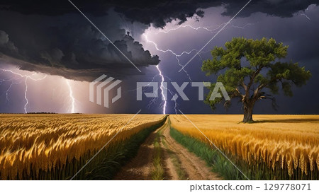 Stormy Wheat Field. A dramatic lightning storm over a lone tree in a golden field. 129778071