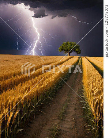 Stormy Wheat Field. A dramatic lightning storm over a lone tree in a golden field. 129778072
