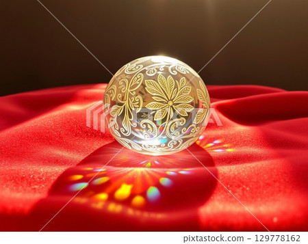 Gilded Floral Crystal Orb on Luxurious Red Silk Drapery 129778162