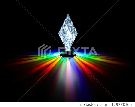 Glowing Crystal Prism Radiates Rainbow Light in Darkness 129778166