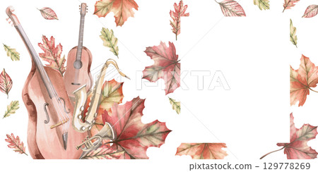 Rectangular frame with musical instruments on the background of falling autumn leaves. Isolated watercolor illustration in a realistic style for designing invitations, labels, cards and posters. Rectangular frame with musical instruments on the background of falling autumn leaves. Isolated watercolor illustration in a realistic style for designing invitations, labels, cards and posters. 129778269