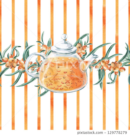 Seamless pattern with a teapot of sea buckthorn tea and sea buckthorn branches on a striped background. Watercolor illustration for packaging design,printing on fabric and kitchen textiles, tableware. Seamless pattern with a teapot of sea buckthorn tea and sea buckthorn branches on a striped background. Watercolor illustration for packaging design,printing on fabric and kitchen textiles, tableware. 129778279