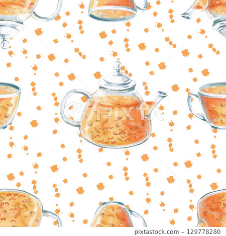 Seamless pattern with teapot and cup of sea buckthorn tea on splash background. Watercolor illustration for packaging design, printing on fabric and kitchen textiles, tableware. Seamless pattern with teapot and cup of sea buckthorn tea on splash background. Watercolor illustration for packaging design, printing on fabric and kitchen textiles, tableware. 129778280