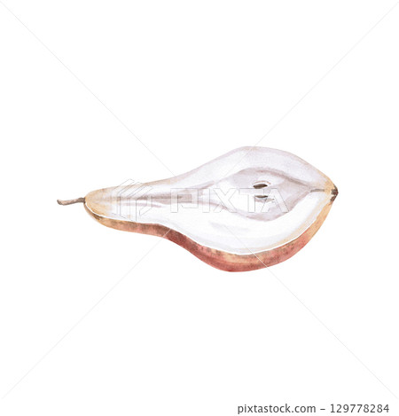 Half of a pear side view. Isolated watercolor illustration of a part of the fruit for design of packages of juices, purees, baby food, jam, compotes, printing on posters and clothes. 129778284
