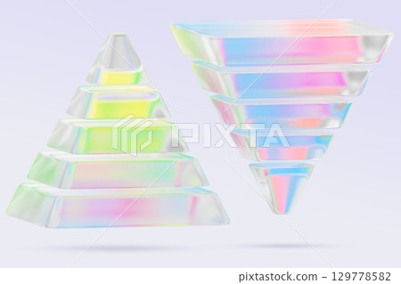 Holographic iridescent glass pyramid 3d render icon set. Maslow hierarchy of needs diagram, sales funnel. Crystal pearlescent triangle of 5 steps. Marketing and business infographic. 3D illustration 129778582