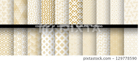Geometric set of seamless golden and white patterns. Simple vector graphics Geometric set of seamless golden and white patterns. Simple vector graphics 129778590