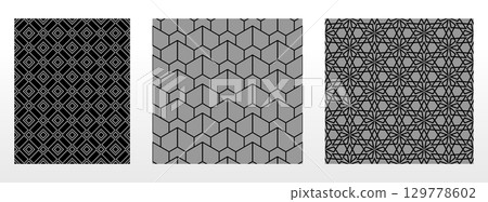 Geometric set of seamless black and gray patterns. Simple vector graphics 129778602