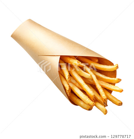 Crispy French Fries in Paper Cone Restaurant Food Photography On Transparent Background 129778717