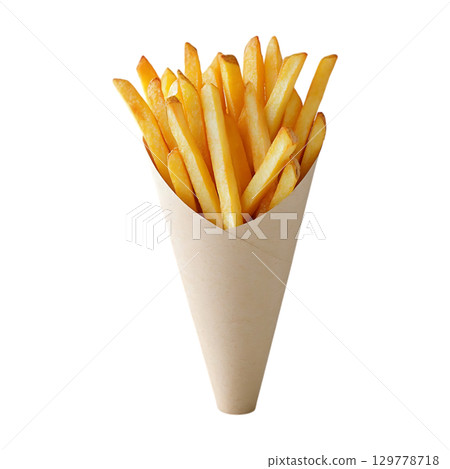 Crispy French Fries in a Paper Cone Delicious Fast Food Photography On Transparent Background 129778718