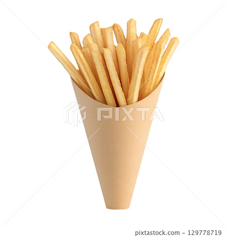 Crispy French Fries A Perfect Snack in a Paper Cone On Transparent Background 129778719