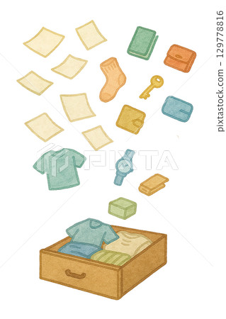 Illustration of decluttering: Clothes and documents overflowing from drawers. Simple material showing organization and tidying up. 129778816