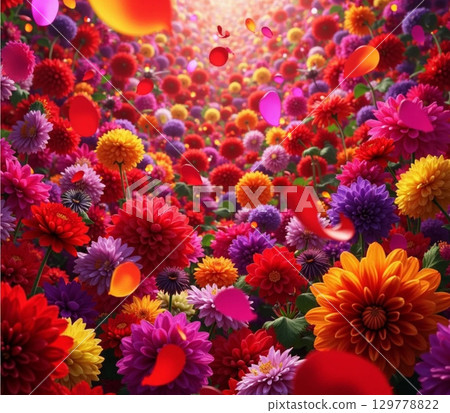 A riot of colorful flowers in full bloom 129778822