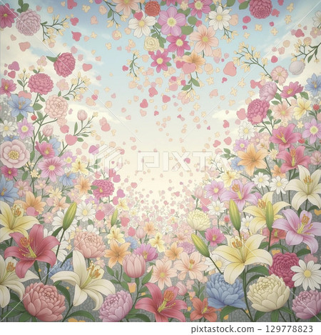 A riot of colorful flowers in full bloom A riot of colorful flowers in full bloom 129778823