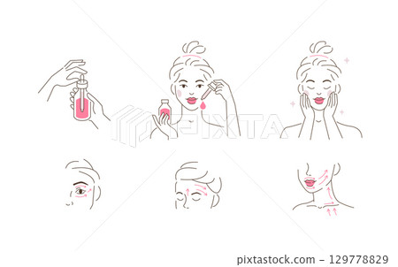 Woman Making Facial Massage by Lines. Skin Care Routine,Beauty Girl Take Care of her Face and Applying Cosmetic Serum Oil 129778829