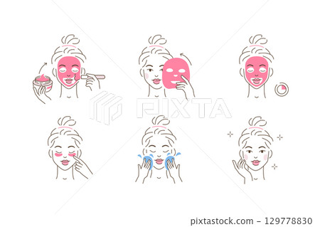 Beauty Girl Take Care of her Face and Applying Facial Sheet and Clay Mask. Woman Making Skincare Procedures. Skin Care Routine, Hygiene and Moisturizing 129778830