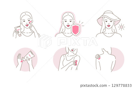 Beauty Girl Take Care of her Face, Body and Use Facial Sunscreen Cream with Spf Protection. Woman Applying Sunblock Product. Sun Protection Skincare 129778833