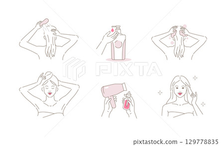 Beauty girl take care of her hair. Instruction how to wash hair with shampoo and wipe with towel and blow dry using hair serum Beauty girl take care of her hair. Instruction how to wash hair with shampoo and wipe with towel and blow dry using hair serum 129778835