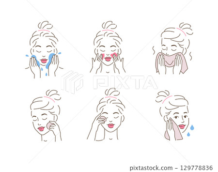 Beauty Girl Take Care of her Face and Use Cleansing Products for Skin. Skincare Procedures. Facial Cleaning 129778836