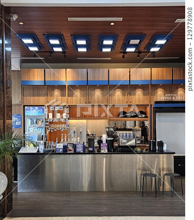 this is food and drink display at cafe this is food and drink display at cafe 129778908