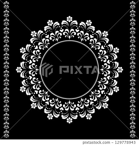 Decorative frame Elegant vector element for design in Eastern style, place for text. Floral black and white border. Lace illustration for invitations and greeting cards. 129778943