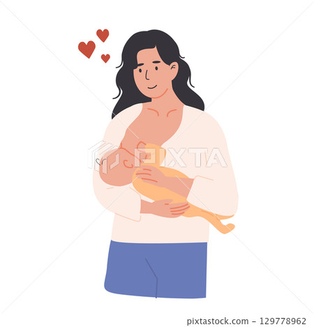 Happy mother breastfeeding newborn baby. Postpartum wellness, bonding, and newborn care concept. Flat Style Vector Illustration for maternal health support and postnatal education. 129778962