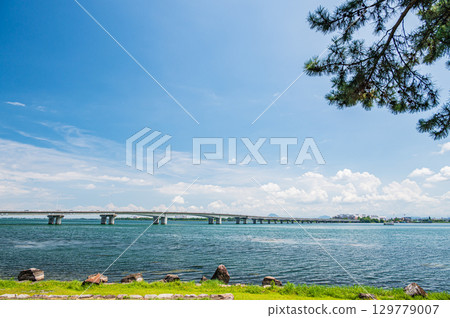 View of Omi Ohashi Bridge from Zeze Castle Ruins Park, Otsu City, Shiga Prefecture 129779007