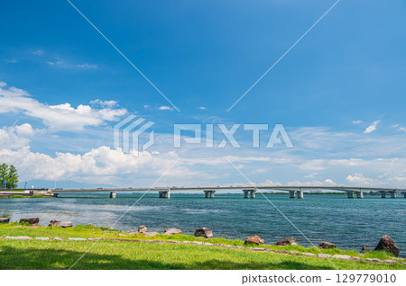 View of Omi Ohashi Bridge from Zeze Castle Ruins Park, Otsu City, Shiga Prefecture 129779010