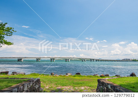 View of Omi Ohashi Bridge from Zeze Castle Ruins Park, Otsu City, Shiga Prefecture View of Omi Ohashi Bridge from Zeze Castle Ruins Park, Otsu City, Shiga Prefecture 129779012