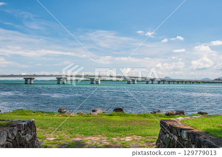 View of Omi Ohashi Bridge from Zeze Castle Ruins Park, Otsu City, Shiga Prefecture View of Omi Ohashi Bridge from Zeze Castle Ruins Park, Otsu City, Shiga Prefecture 129779013