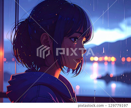 A woman in a kimono with a night view in the background 129779197