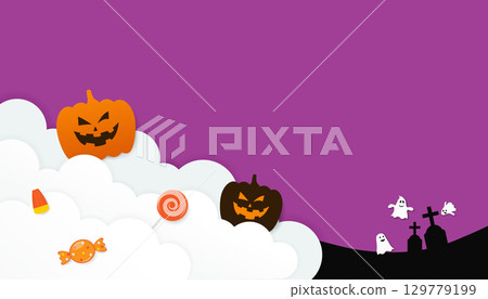 Characters of orange pumpkins, white ghost and colorful candy element on clouds with copy space purple background for your halloween day text, Vector 129779199
