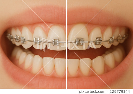 Cosmetic dentistry, wire orthodontics, brackets 129779344