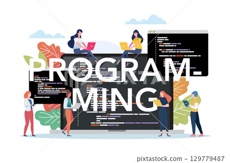 People with coding on laptop screen. People with coding on laptop screen. 129779487